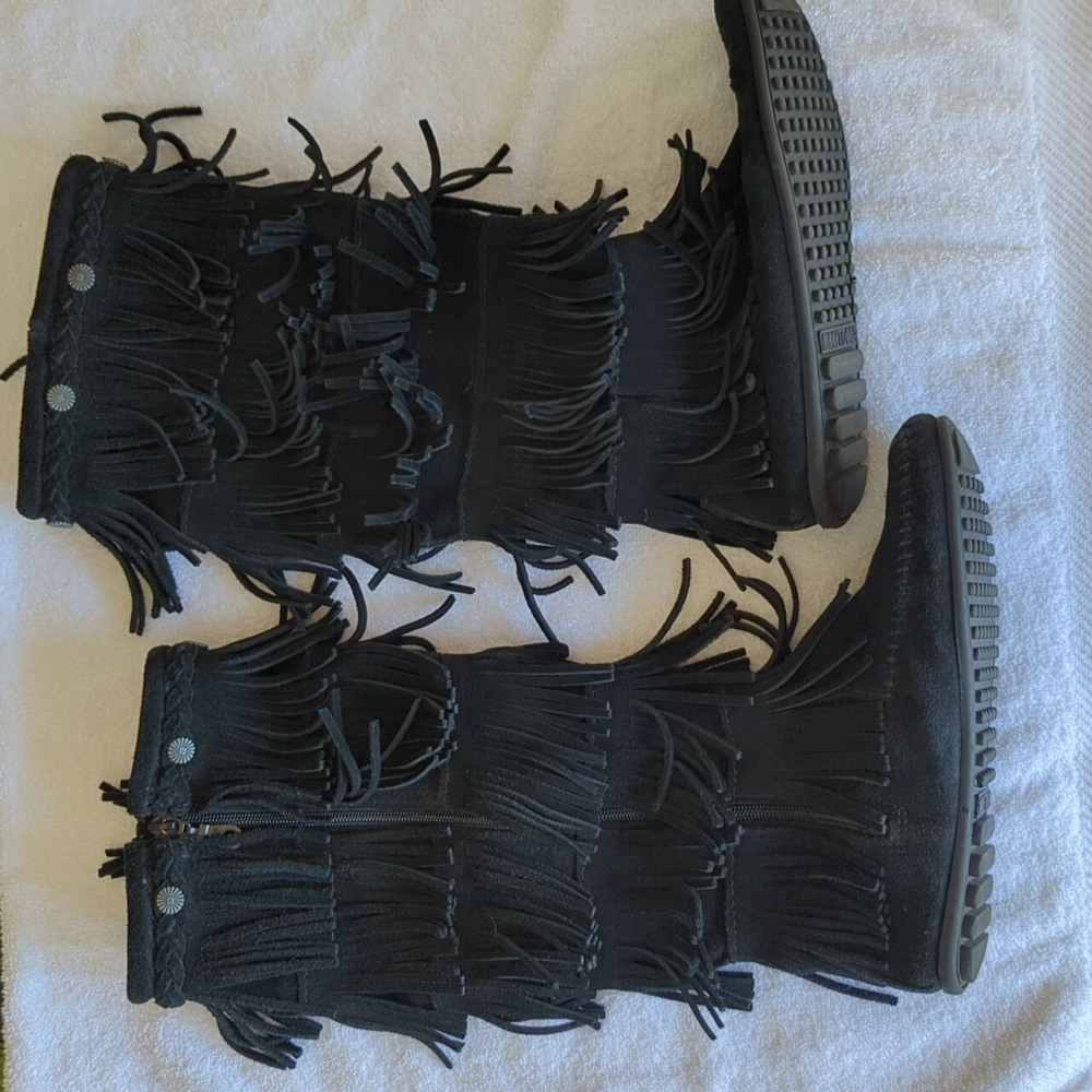 Minnetonka Black Fringe Boots
